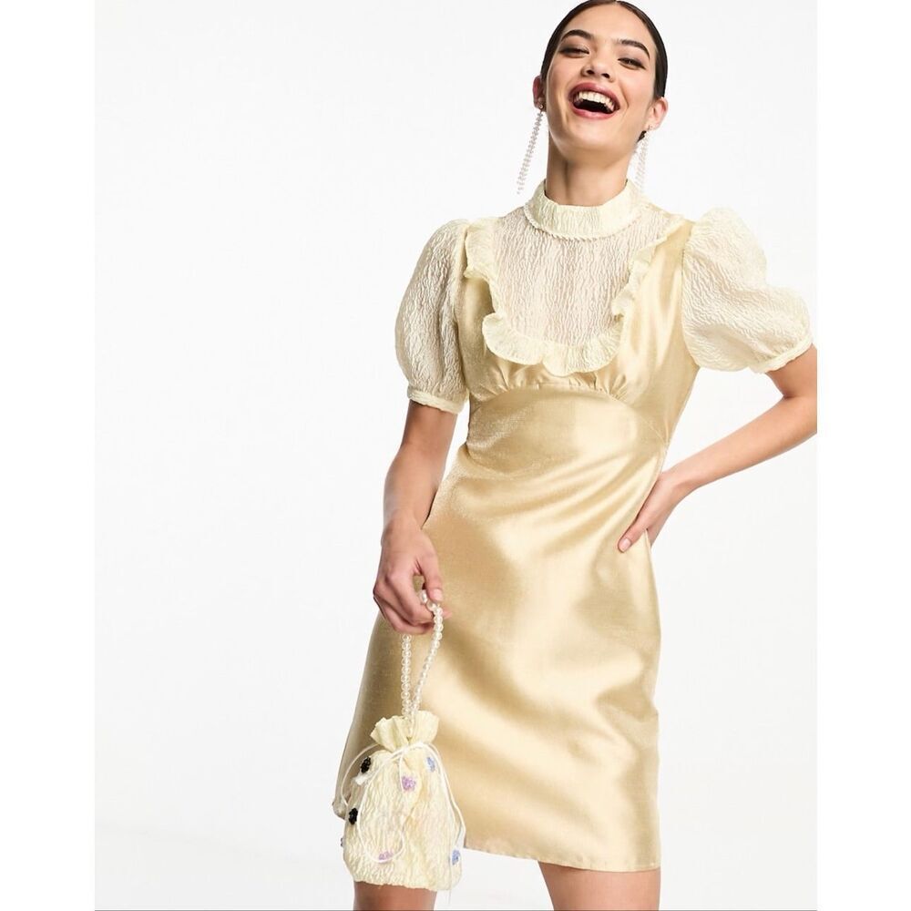 Dream by Sister Jane Mariana Satin Organza Puff Sleeve Mini Dress in Creme L